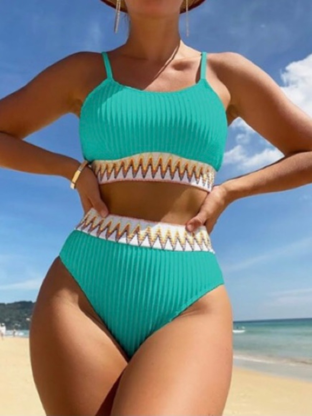 Amazon Turquoise Ribbed High-Waist Bikini with Zigzag Waistband - NWOT